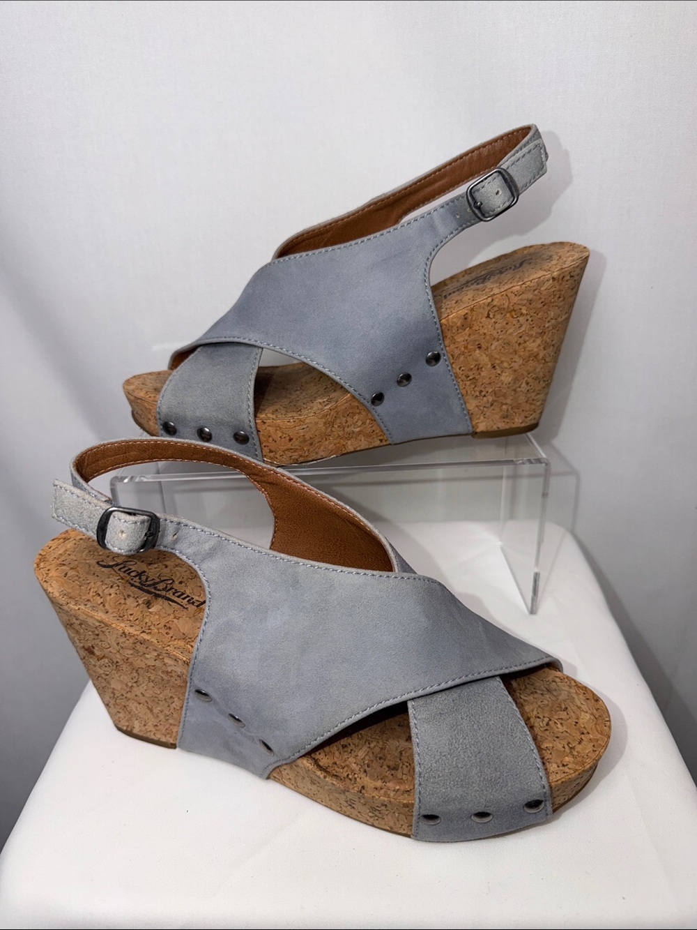 Lucky Brand Minari Leather Cork Wedge Sandals Riviera Blue Grey Size 7.5